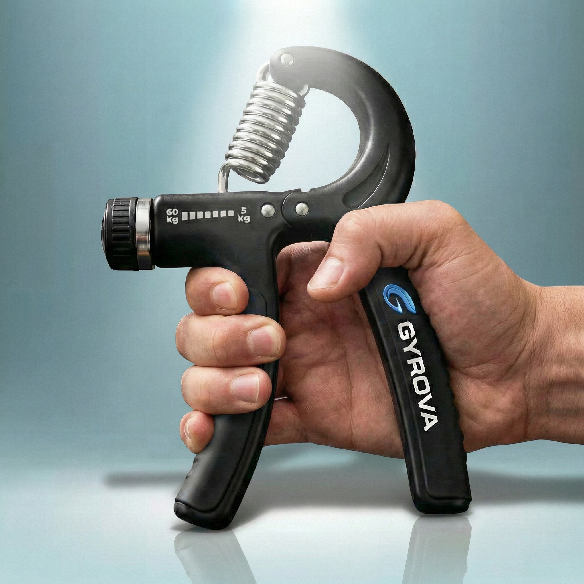 Gyrova PowerGrip Handtrainer in Schwarz - Verstellbarer Widerstand (5-60kg) für effektives Unterarmtraining, Muskelaufbau und Rehabilitation