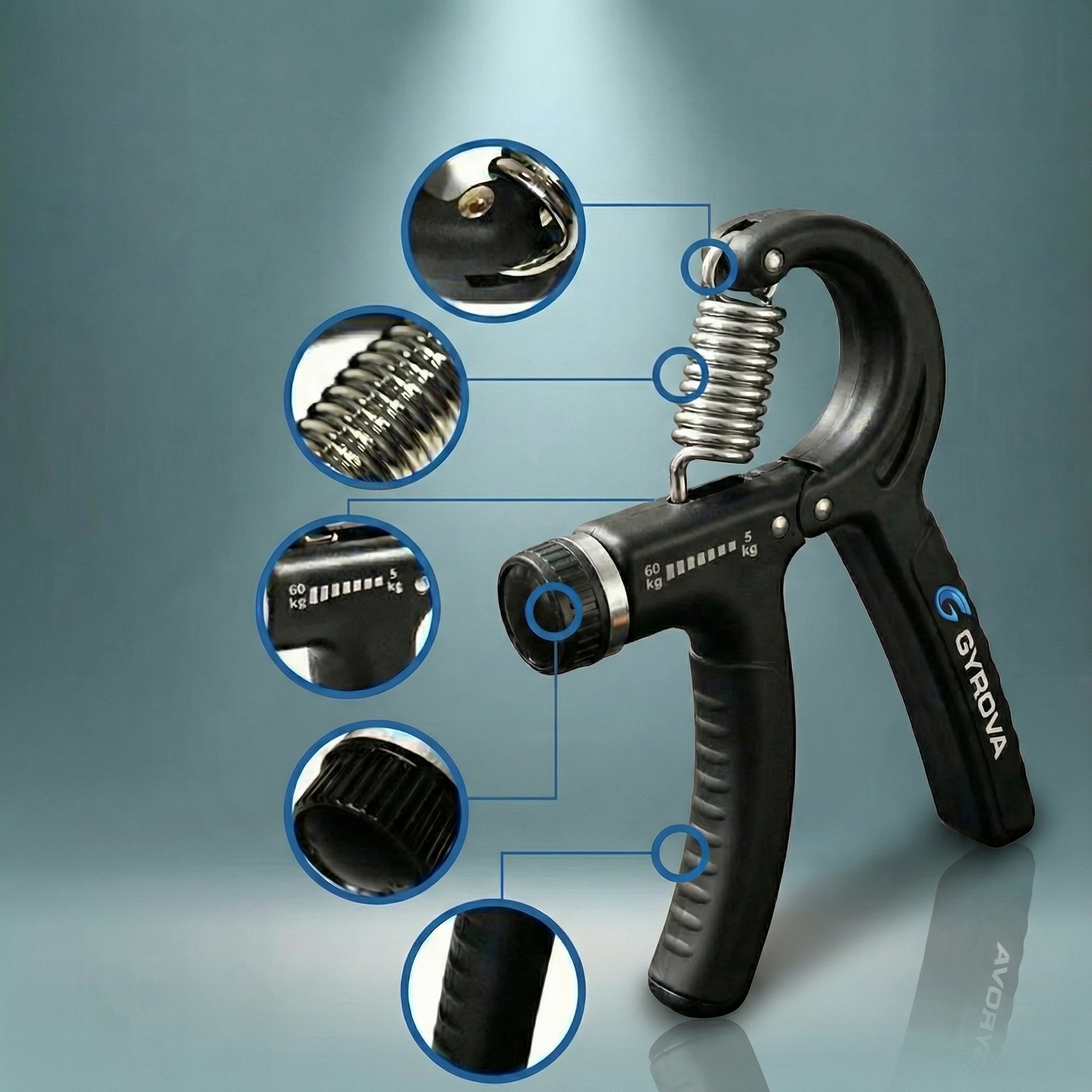 Detaillierte Übersicht der Merkmale des Gyrova PowerGrip Handtrainers mit Highlights zu Feder, Einstellrad, 5-60 kg Widerstandsskala und ergonomischem Griff.
