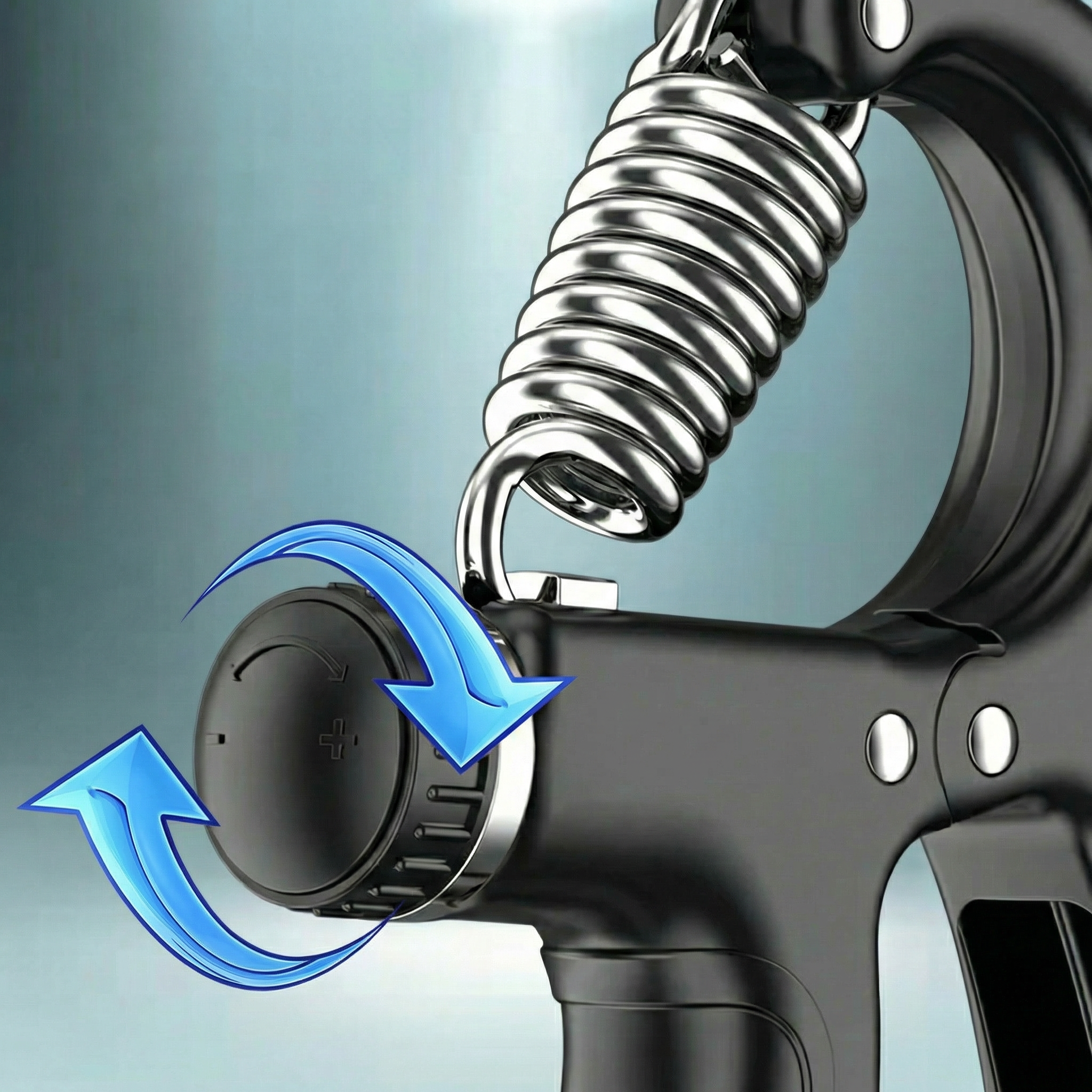 Nahaufnahme des Einstellrads am Gyrova PowerGrip zur stufenlosen Regulierung des Widerstands zwischen 5 kg und 60 kg.