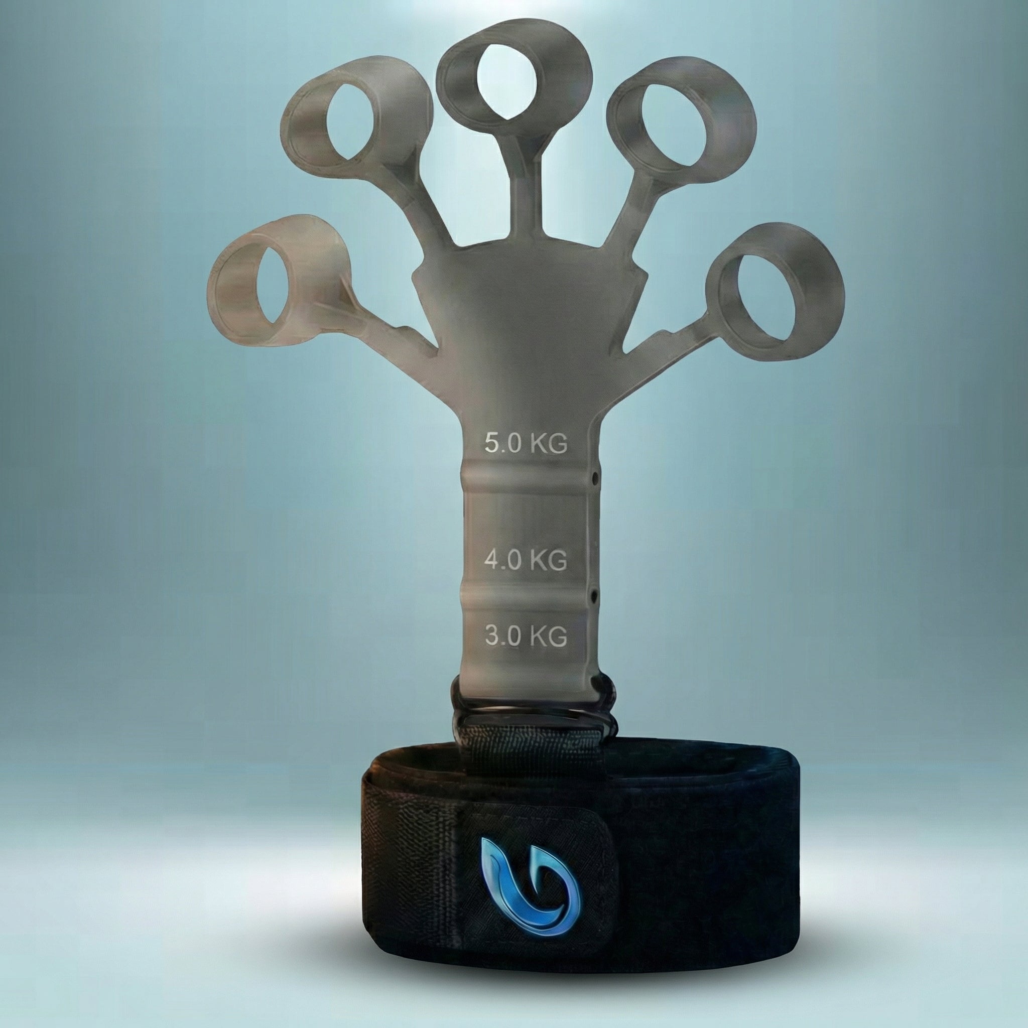 Der graue Gyrova ProGrip Fingertrainer mit Widerstandsstufen von 3,0 kg bis 5,0 kg – ideal für Einsteiger, Senioren oder zur Rehabilitation der Fingerkraft.