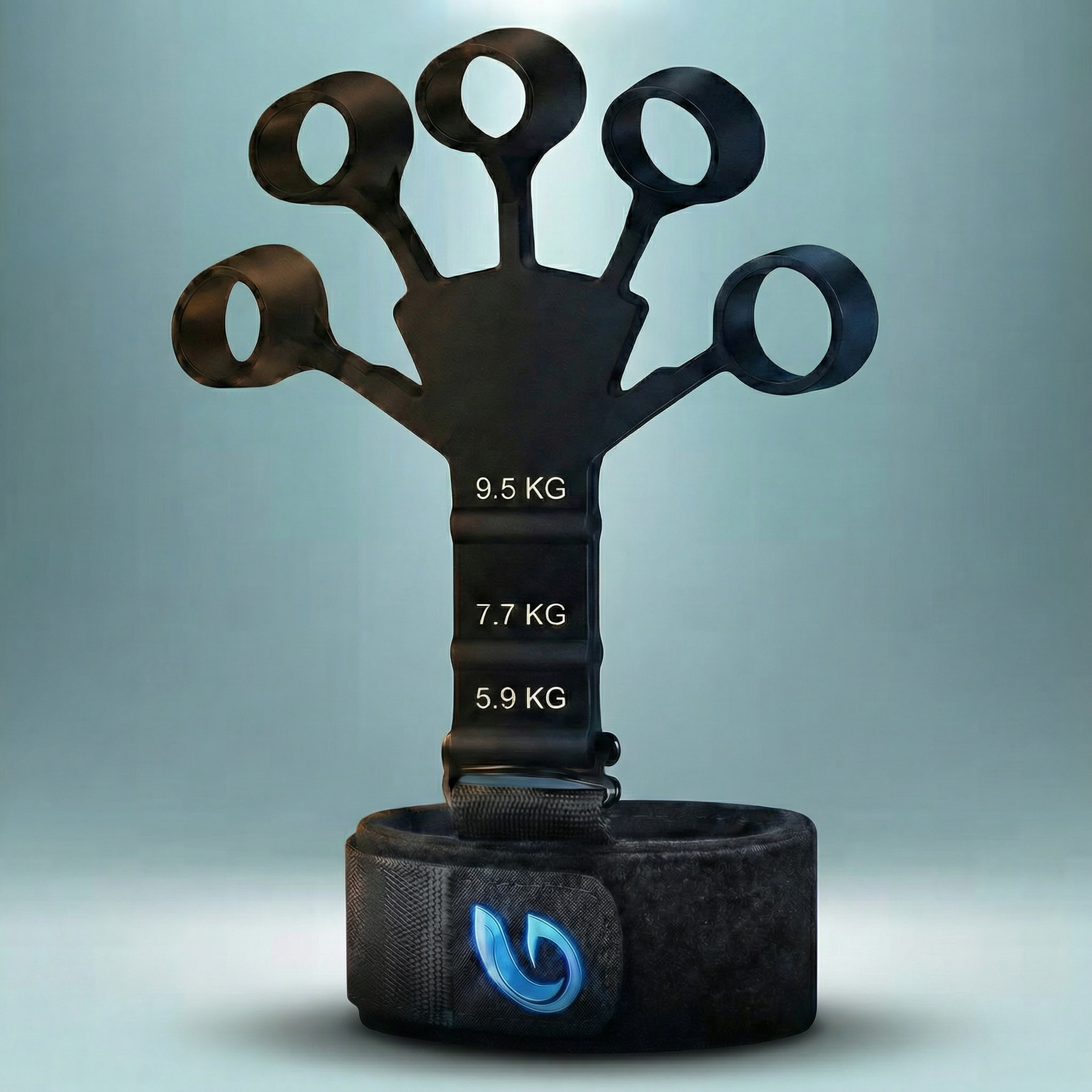 Der schwarze Gyrova ProGrip Fingertrainer mit fünf Fingerschlaufen und markierten Widerstandsstufen von 5,9 kg bis 9,5 kg zur gezielten Steigerung der Fingerkraft.