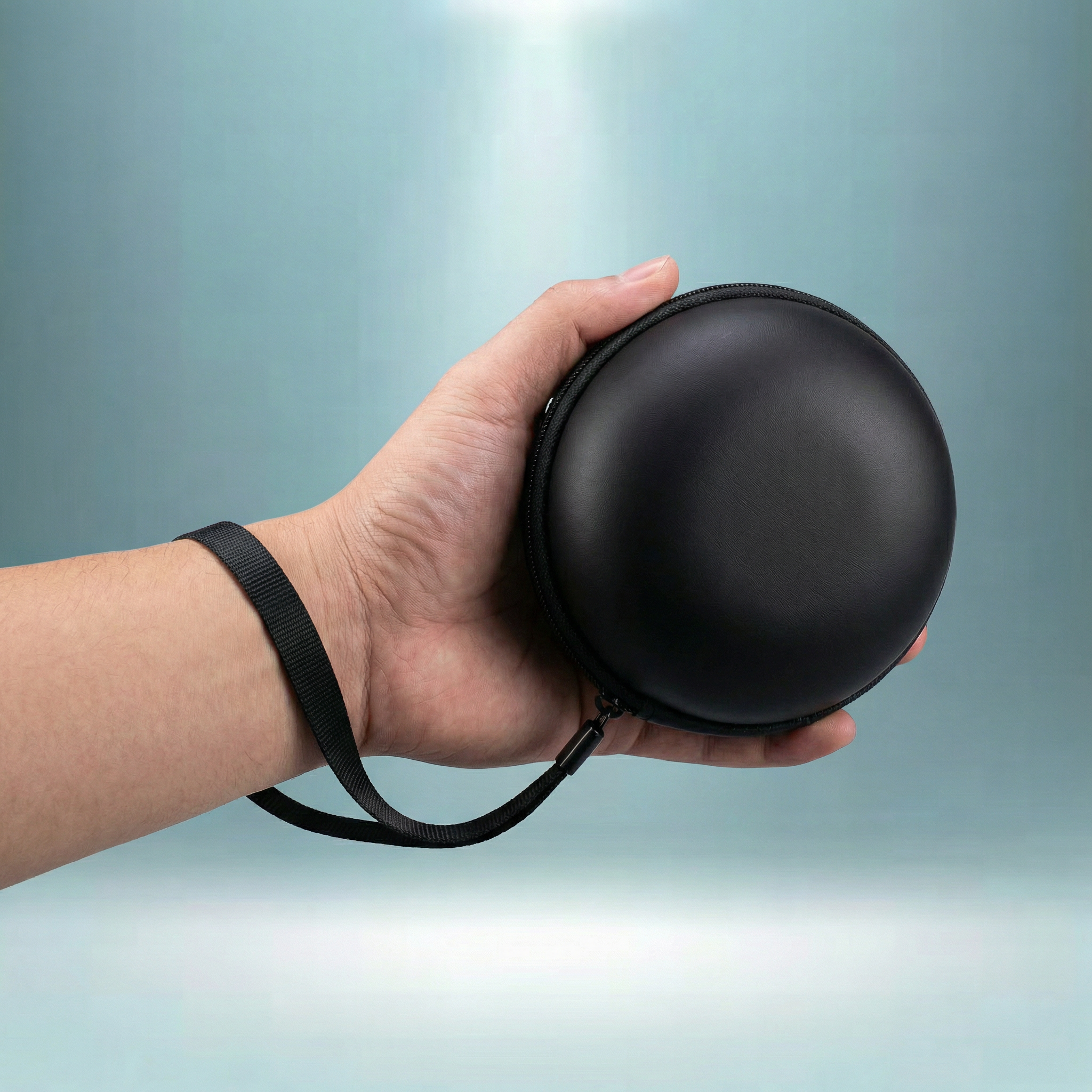 Das kompakte Gyrova SafeCase™ Hardcase wird sicher in der Hand gehalten, um die praktische Trageschlaufe und einfache Mitnahme des Gyroball-Schutzes zu demonstrieren.