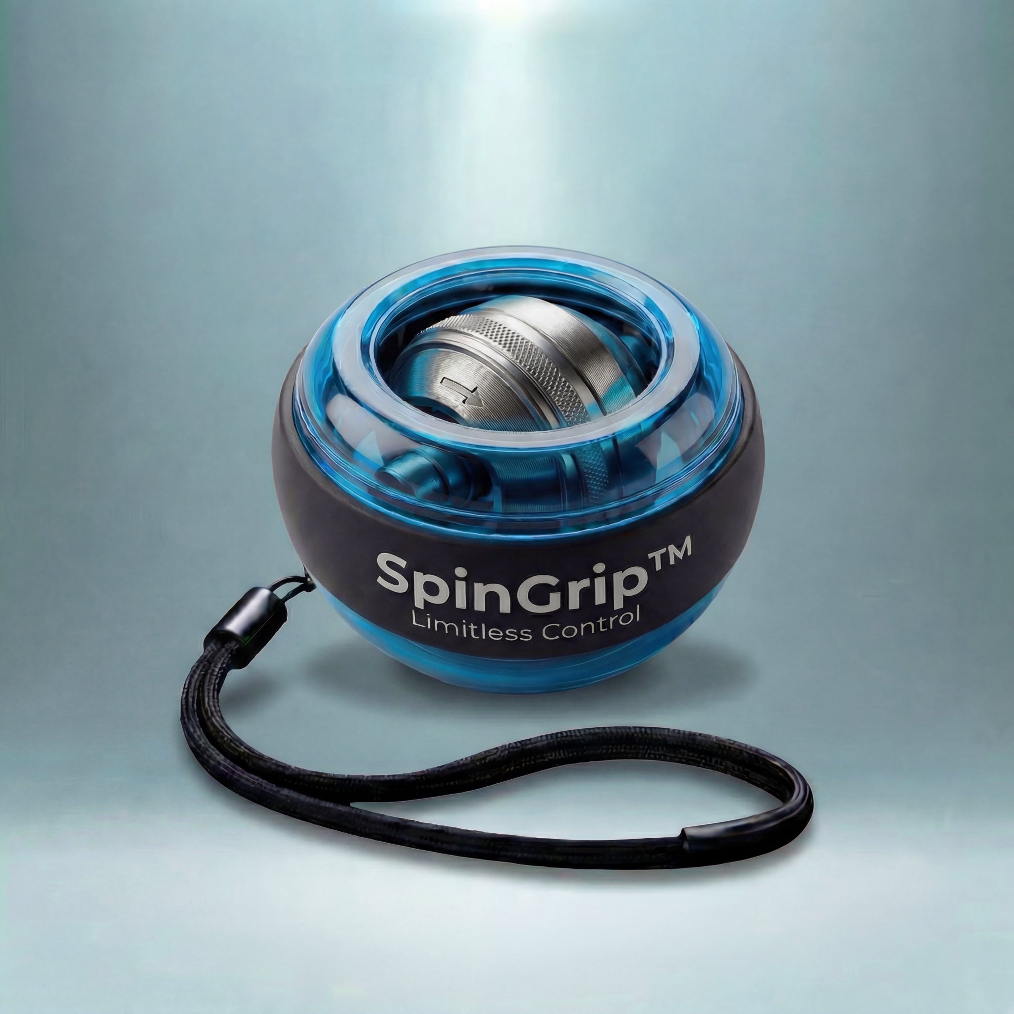 Der blaue Gyrova SpinGrip™ Gyroball mit hell leuchtenden LEDs. Dieser Handgelenkstrainer bietet ein intensives blaues Leuchten bei Rotation und steigert die Motivation durch visuelles Feedback.