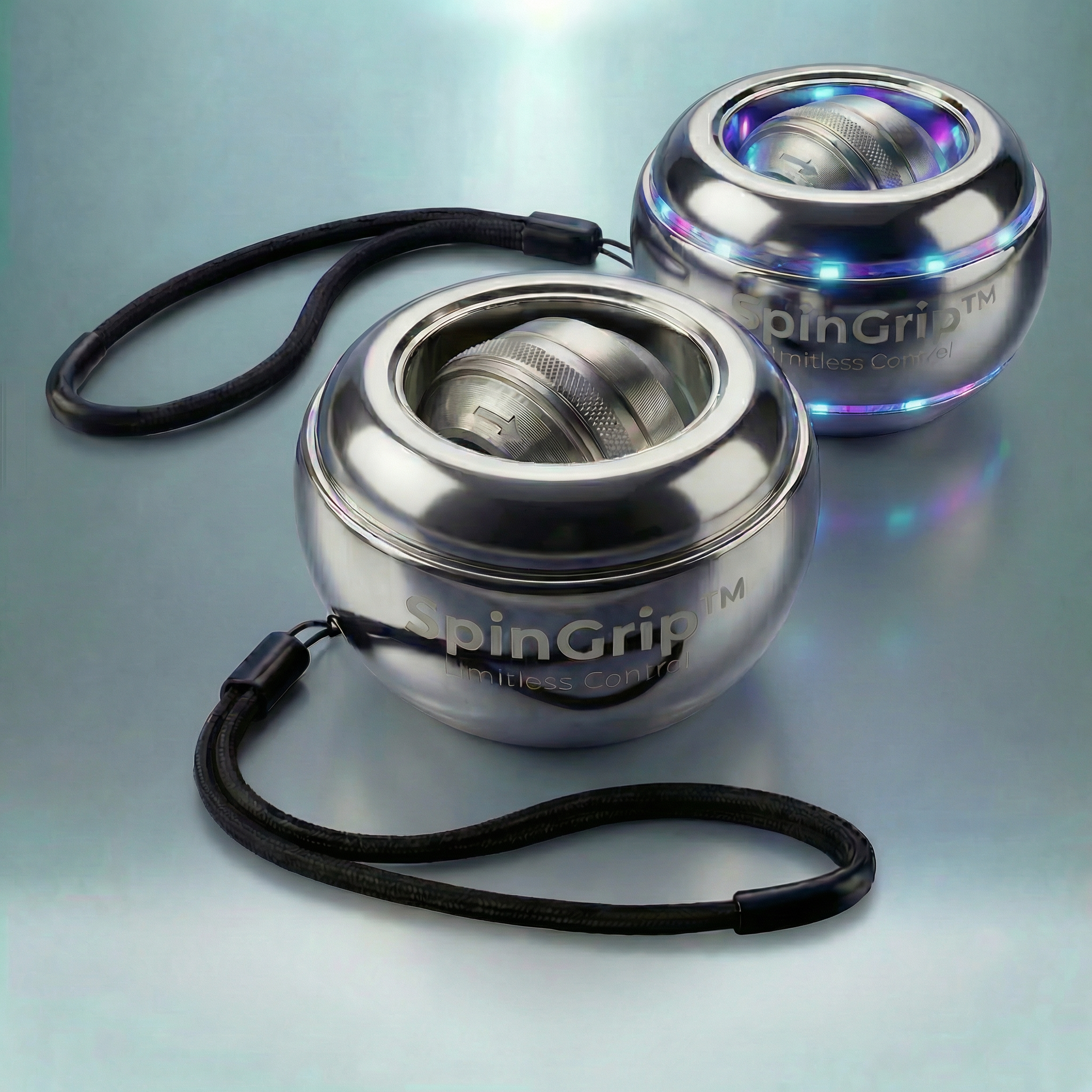 Der Gyrova SpinGrip™ Gyroball in edler Platin-Optik ohne LED-Beleuchtung – ein hochwertiger Handgelenkstrainer mit glänzendem Metallgehäuse für stilvolles Training.