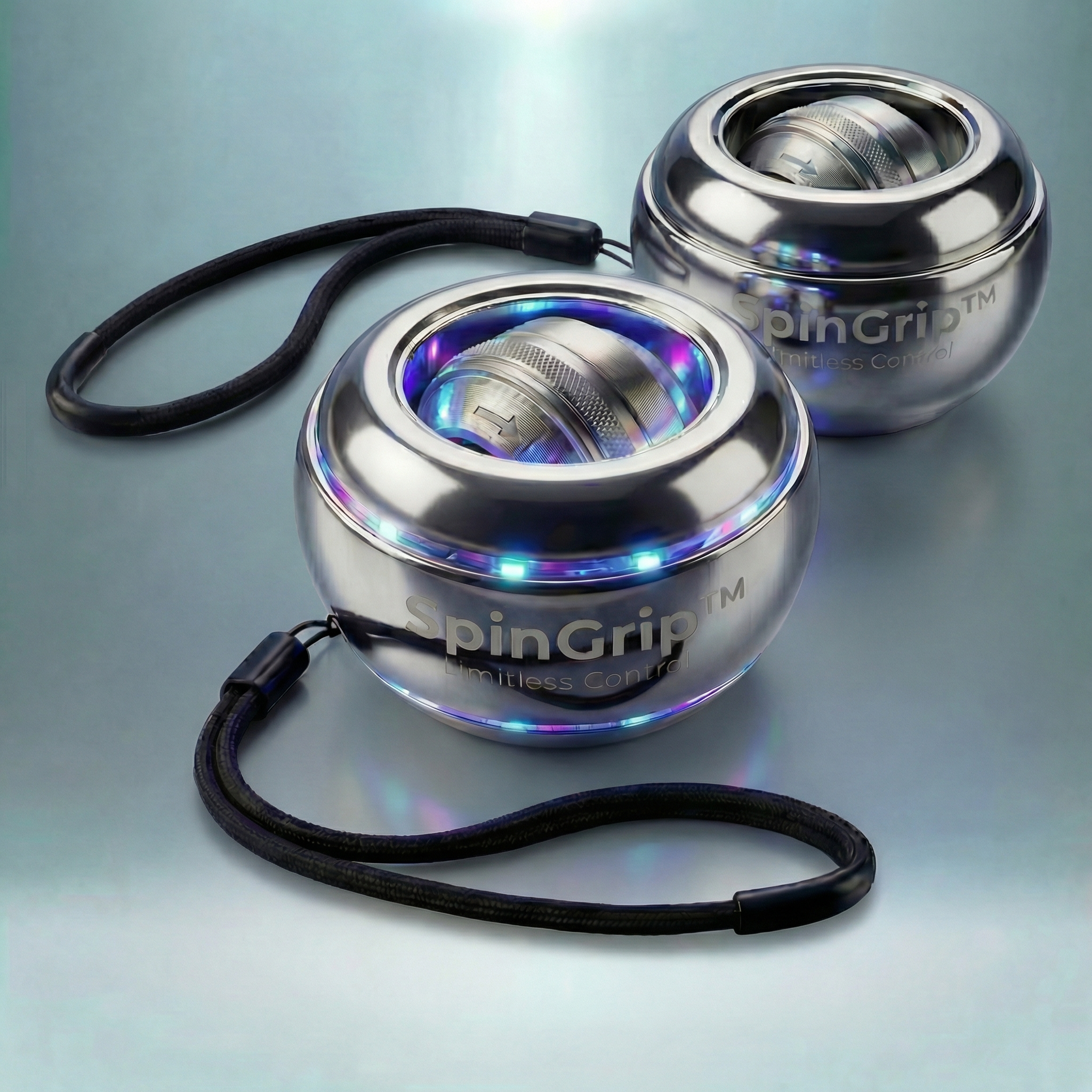 Der Gyrova SpinGrip™ Gyroball in edler Platinum-Optik mit LED-Effekt. Das silberne Gehäuse leuchtet bei steigender Geschwindigkeit auf und bietet visuelles Feedback beim Training.